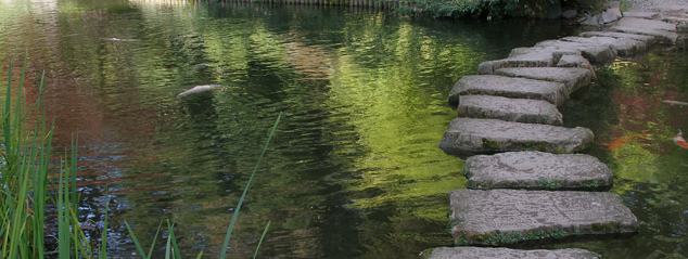 Stepping stones across a pond at the Japanese Garden in Kaiserslautern